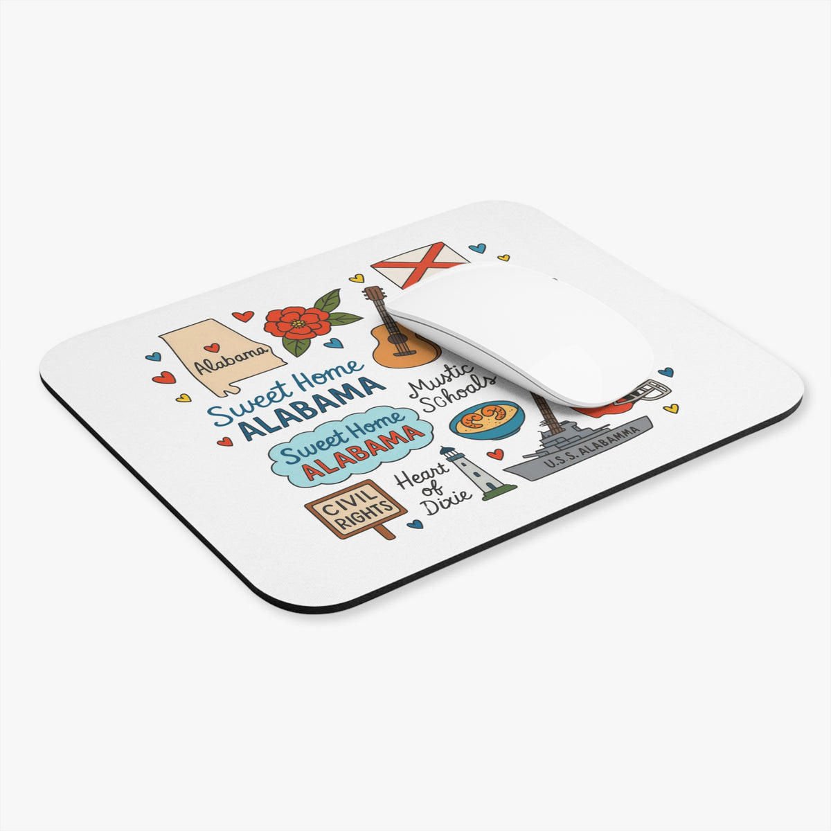 Alabama landmarks and text "Sweet Home Alabama" on a white mousepad.
