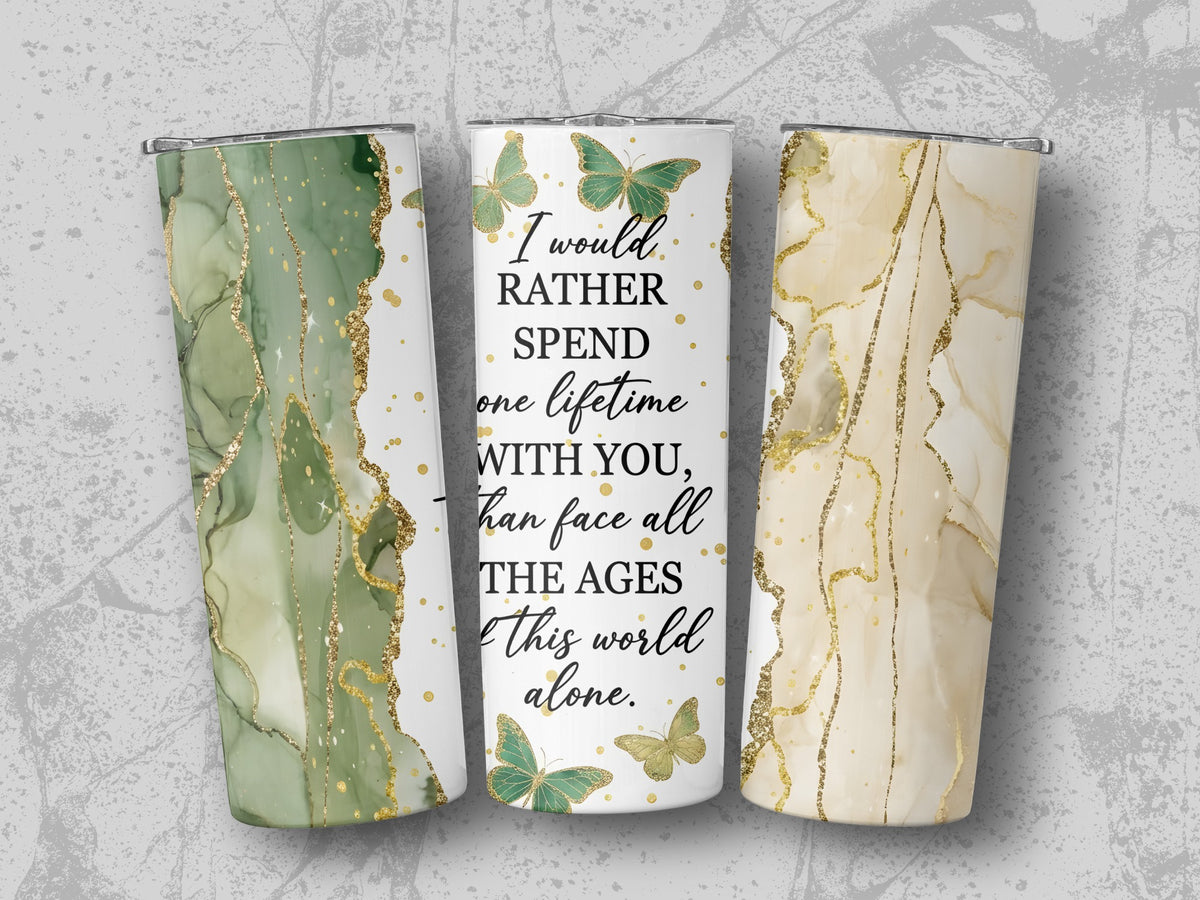 Tumblers with abstract green and gold marble design and quote about spending a lifetime with someone.