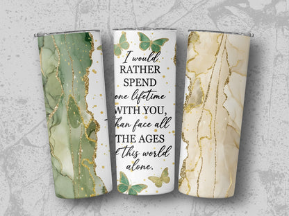 Tumblers with abstract green and gold marble design and quote about spending a lifetime with someone.