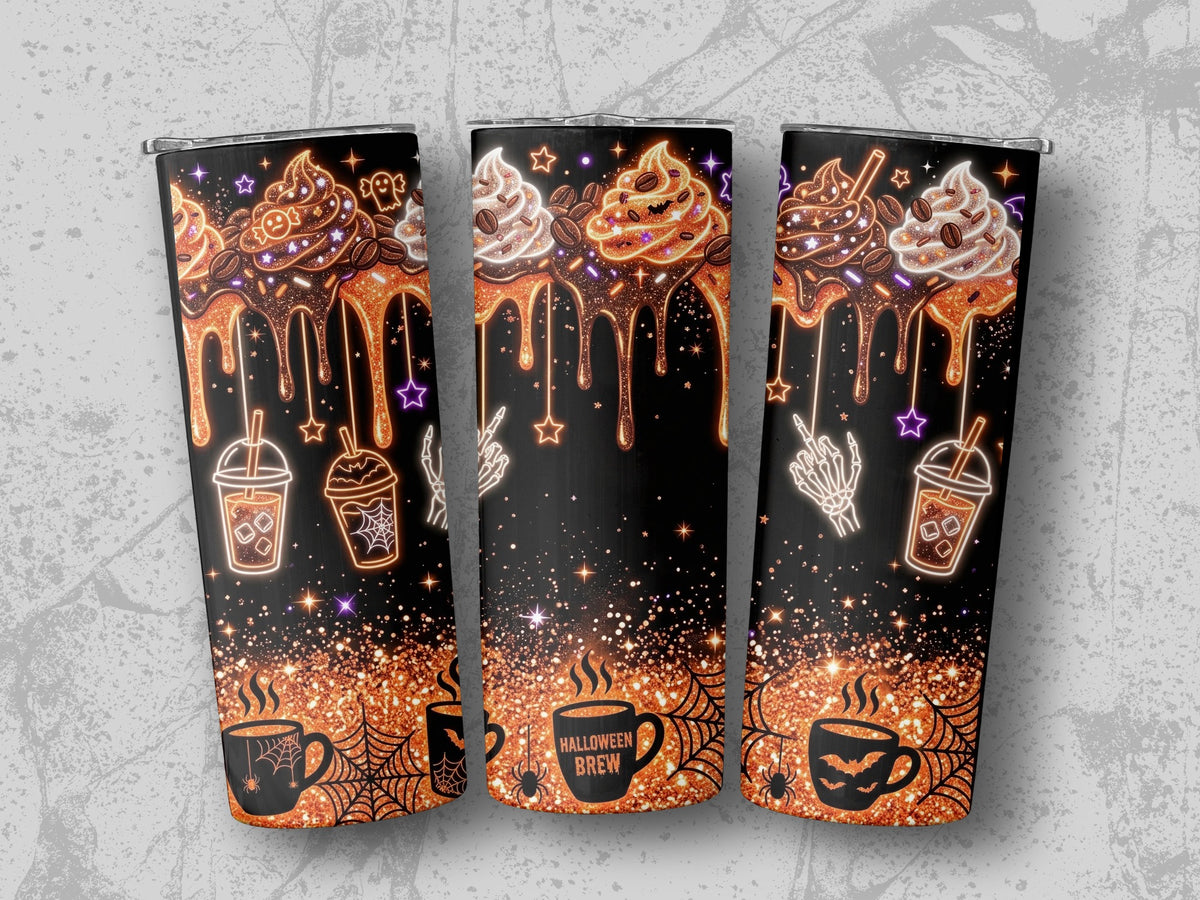 Halloween-themed tumblers with coffee and spooky designs, reading "Halloween Brew".