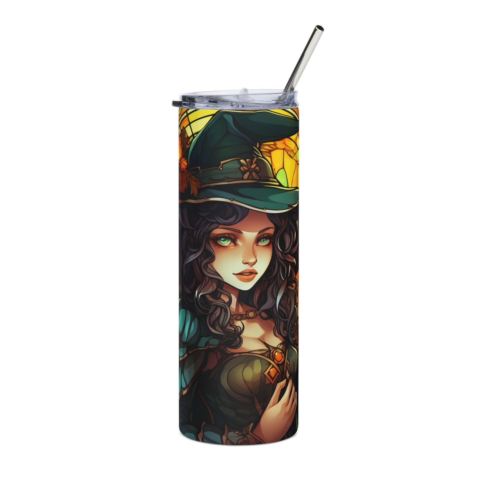 Tumbler with artwork of a witch wearing a green hat and stained-glass background.