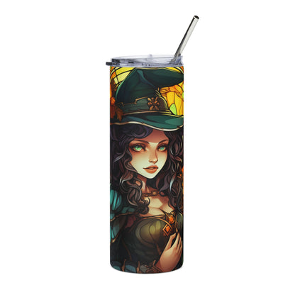 Tumbler with artwork of a witch wearing a green hat and stained-glass background.