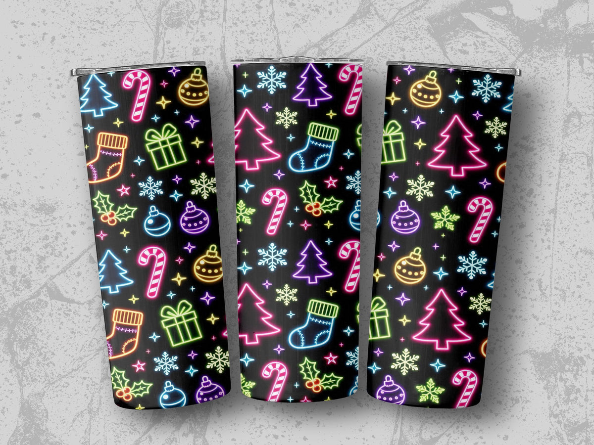 Three tumblers with a repeating neon Christmas pattern on a dark background.