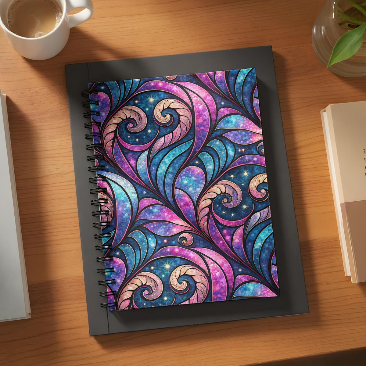 Spiral-bound notebook with swirling blue and pink celestial pattern.