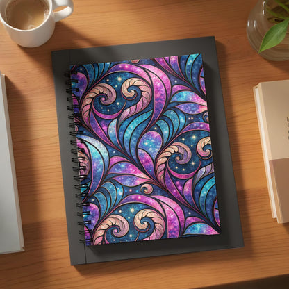 Spiral-bound notebook with swirling blue and pink celestial pattern.