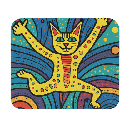 Yellow cartoon cat with arms outstretched, set against a colorful abstract background.