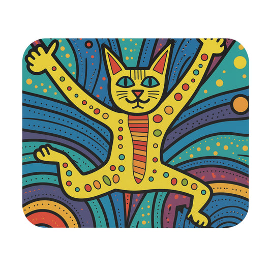 Yellow cartoon cat with arms outstretched, set against a colorful abstract background.