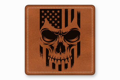 Brown square leather patch with white stitched border and a distressed American flag skull design.