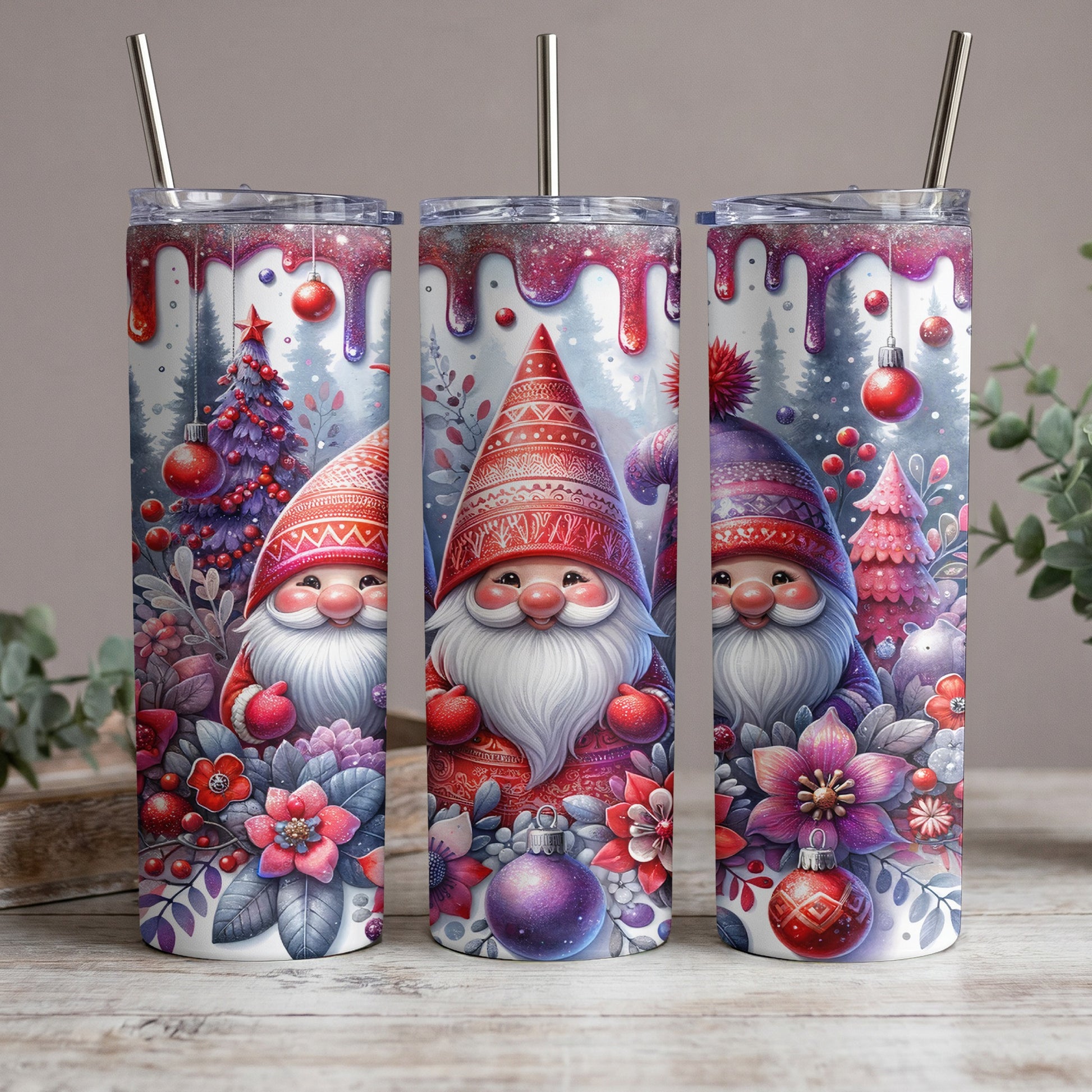 Three tumblers with a Christmas gnome design, featuring red and purple details.