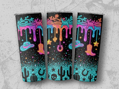 Neon Western design with cowboy boots, hats, cacti, and skulls on a black background.