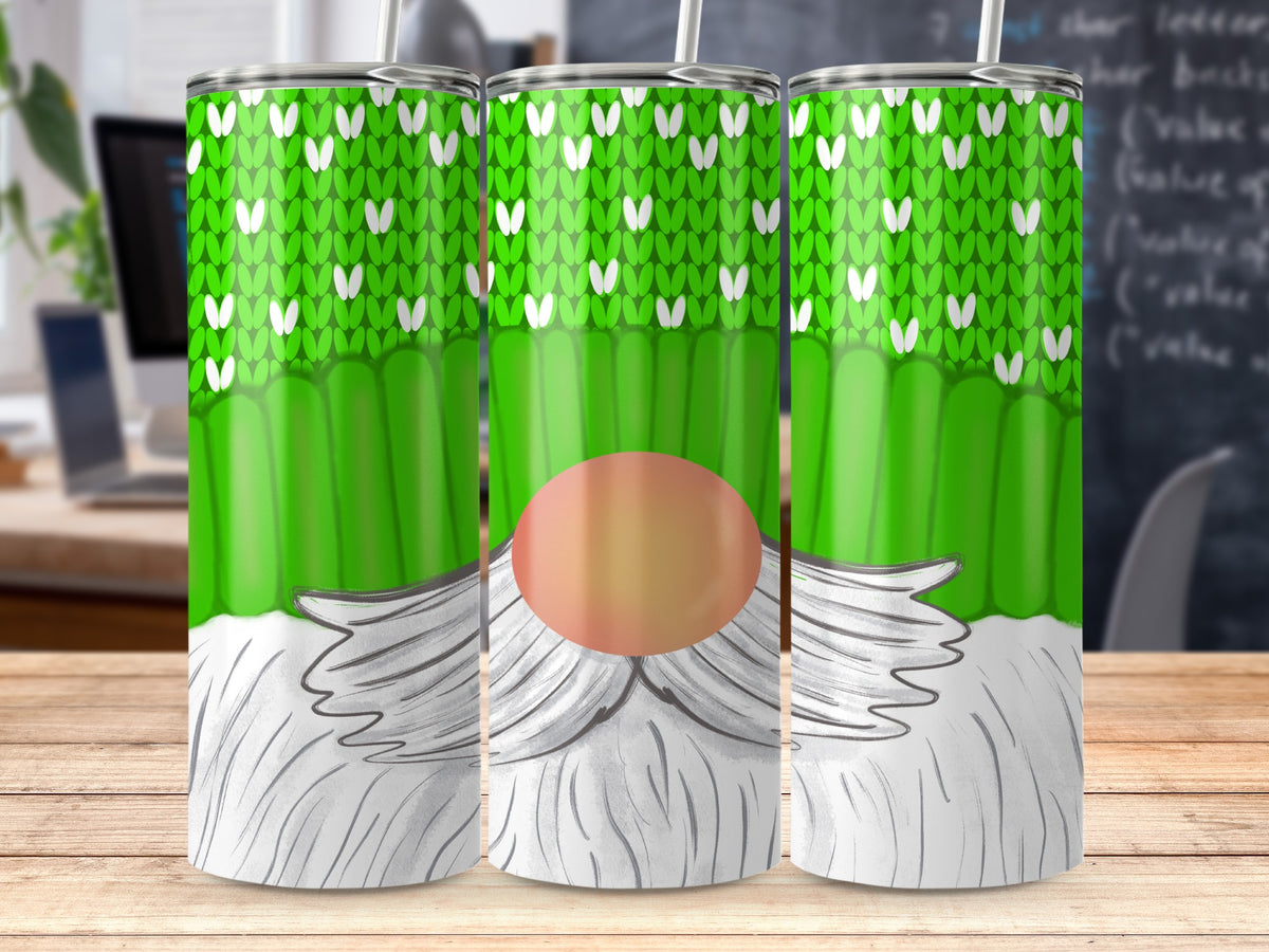 Green tumbler with white knit pattern, gnome nose, and beard.