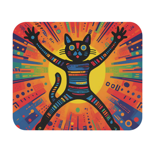 Stylized black cat with arms and legs outstretched in colorful geometric abstract background.
