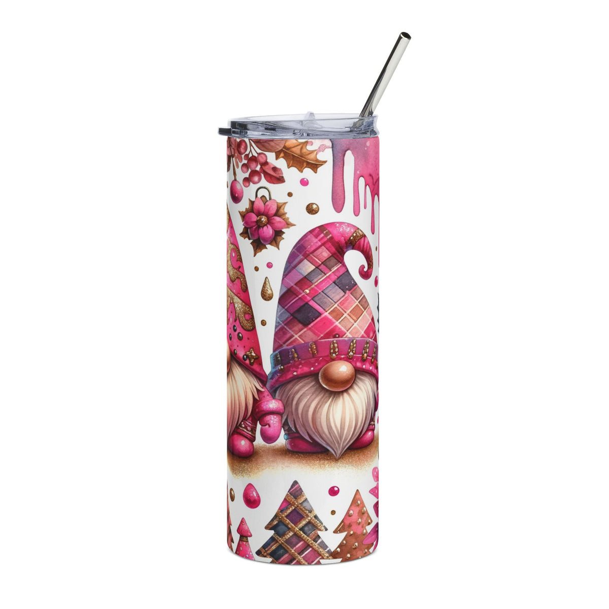 A tall travel tumbler with a pink gnome and winter holiday pattern, clear lid, and metal straw.