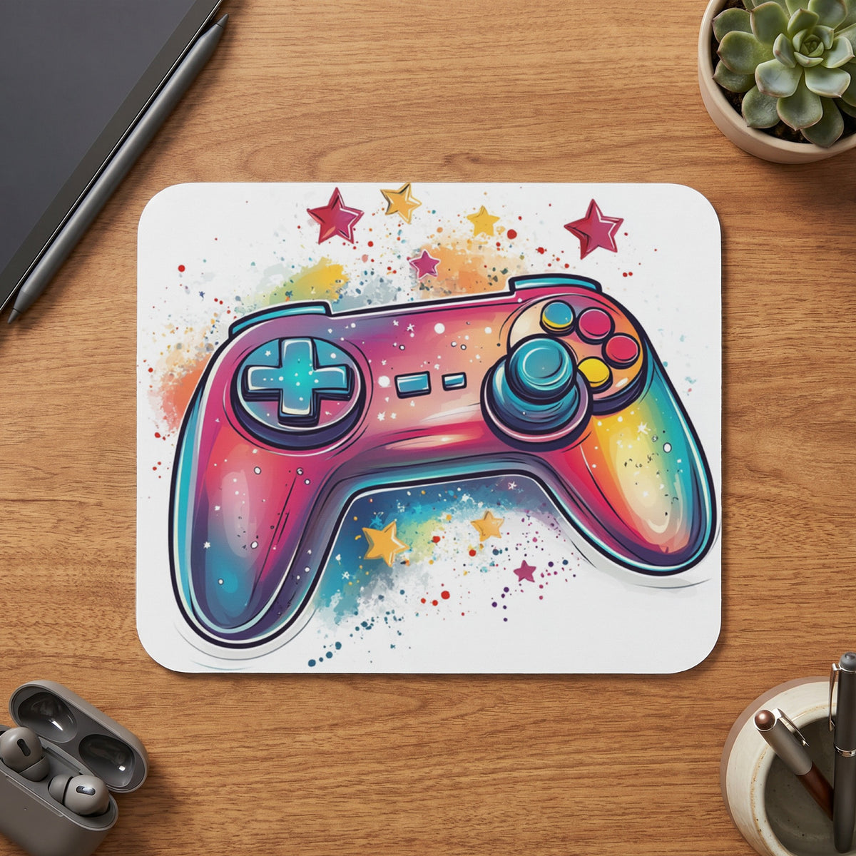 Colorful watercolor game controller with stars and paint splatters.