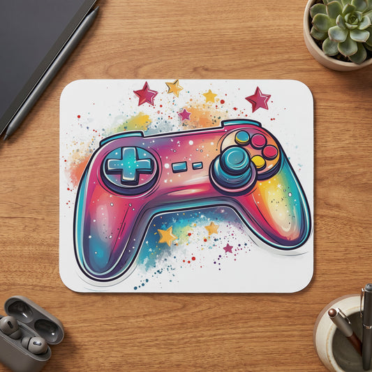 Colorful watercolor game controller with stars and paint splatters.