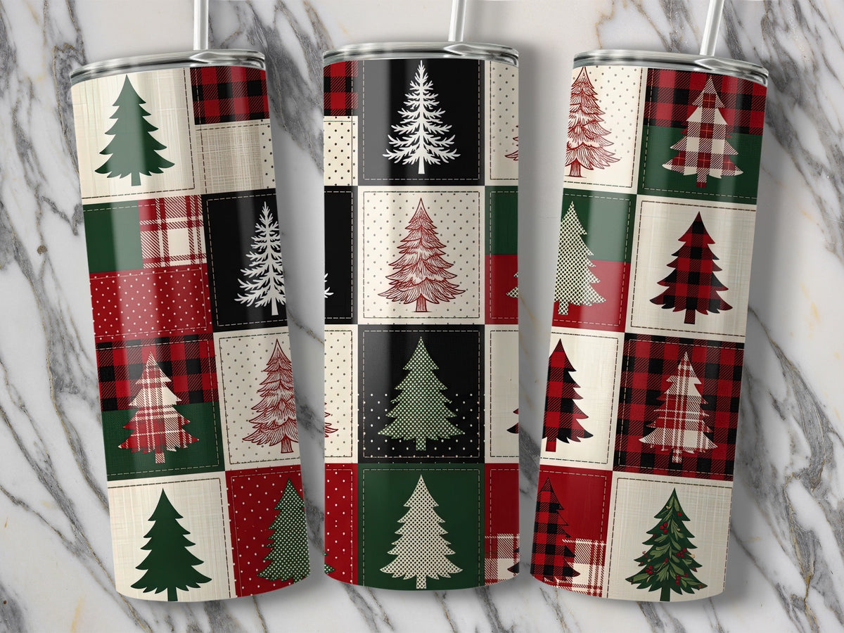 Three tumblers with patchwork Christmas tree designs and buffalo plaid patterns.