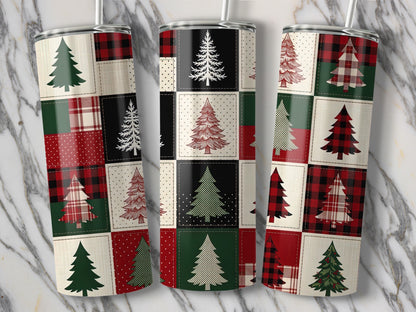 Three tumblers with patchwork Christmas tree designs and buffalo plaid patterns.