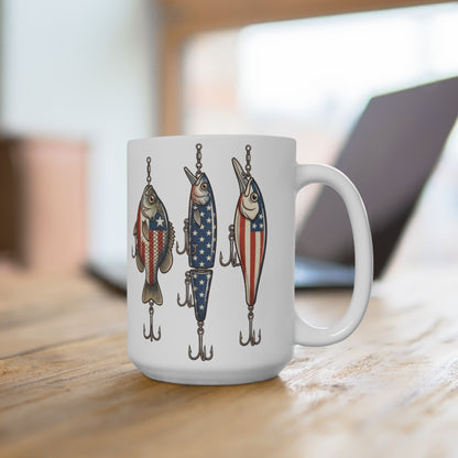 White mug with three fishing lures designed with American flag patterns.