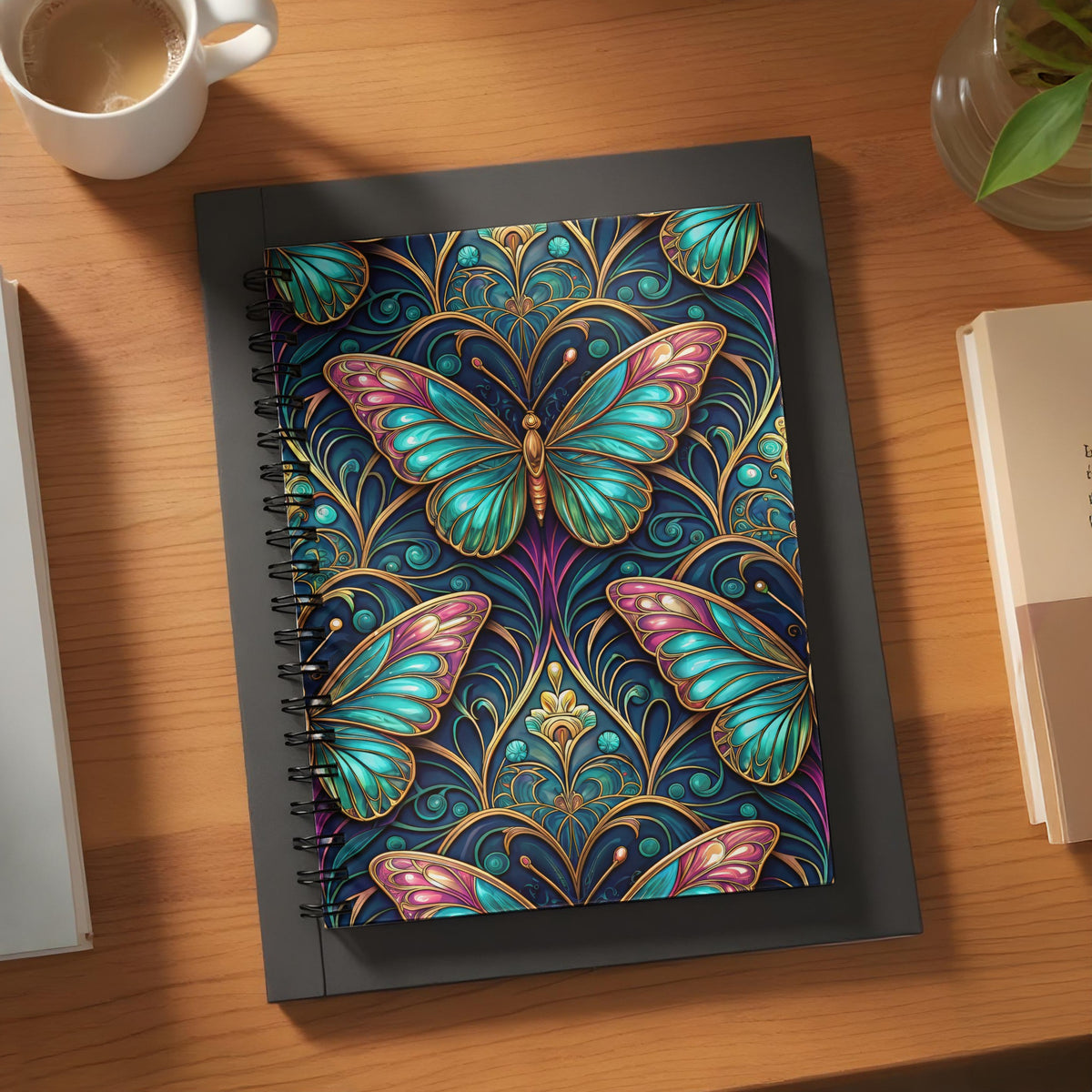 Notebook with ornate turquoise and pink butterfly design on dark blue background.