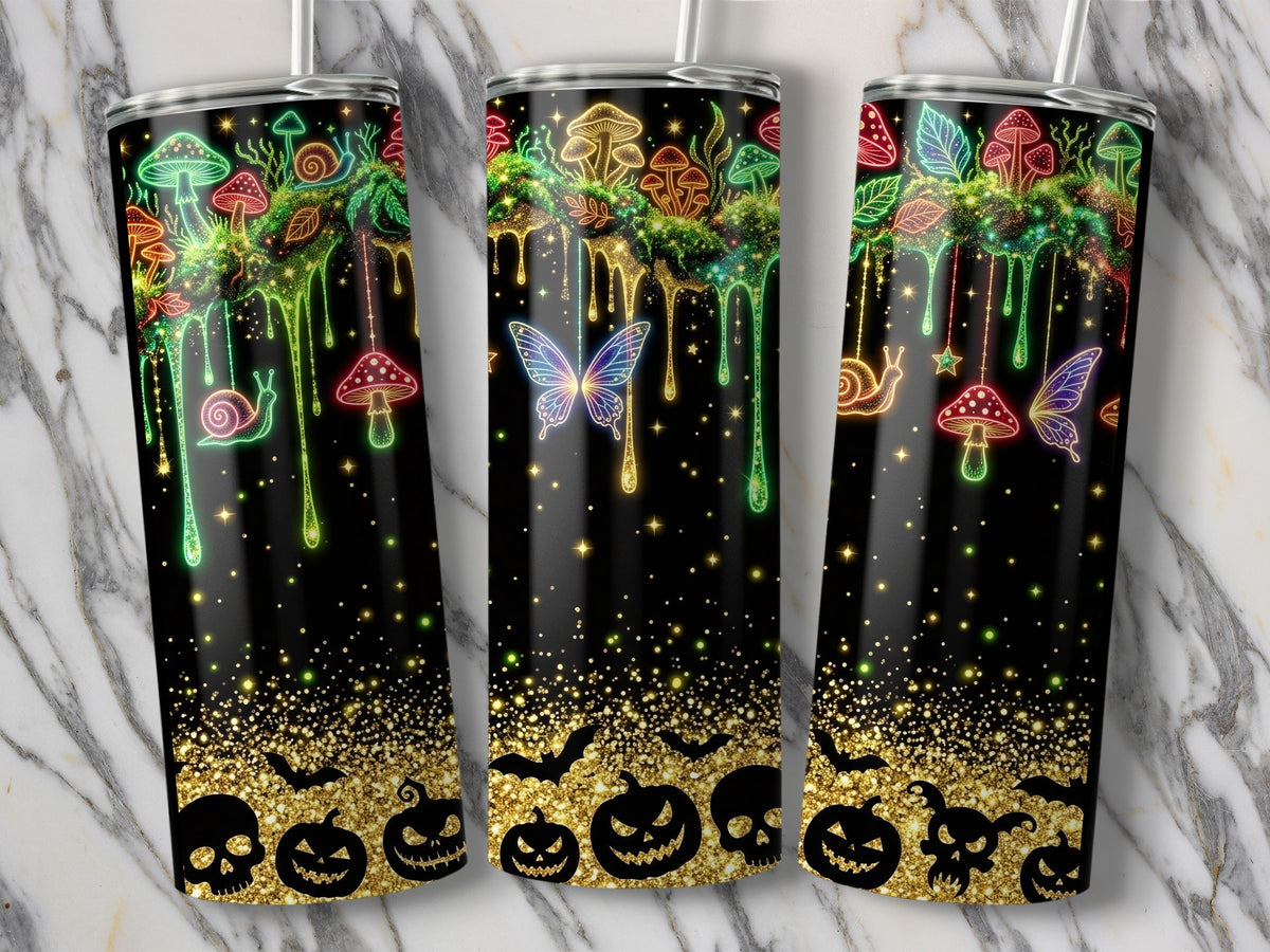 Tumblers with glowing mushrooms, snails, butterflies, bats, and jack-o'-lanterns.