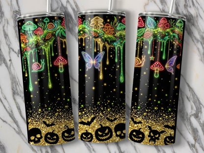 Tumblers with glowing mushrooms, snails, butterflies, bats, and jack-o'-lanterns.