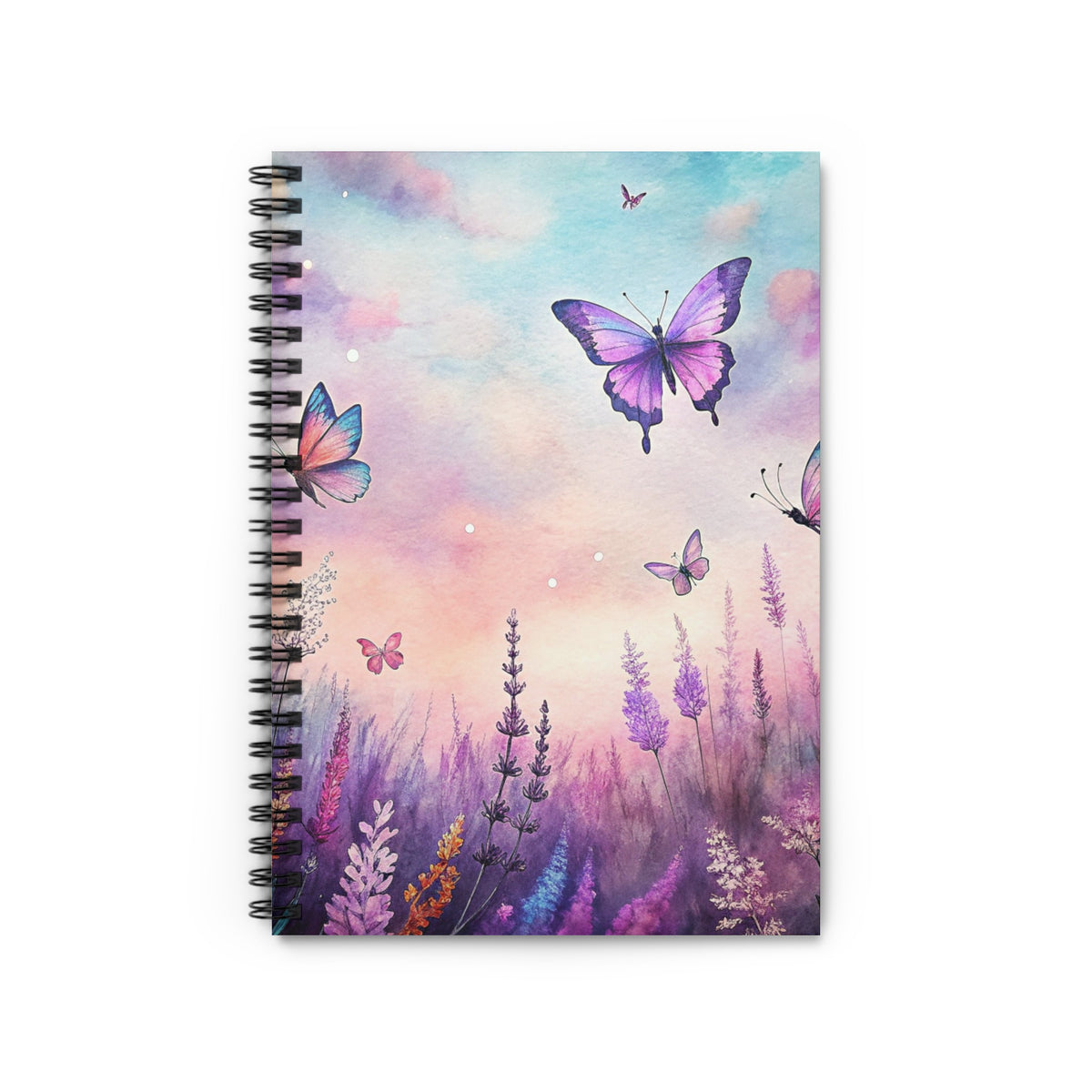 Notebook with a watercolor painting of purple butterflies in a lavender field at sunset.