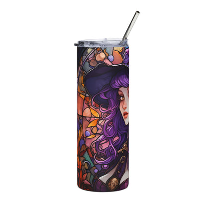 Tumbler with witch and stained glass design, and silver straw.