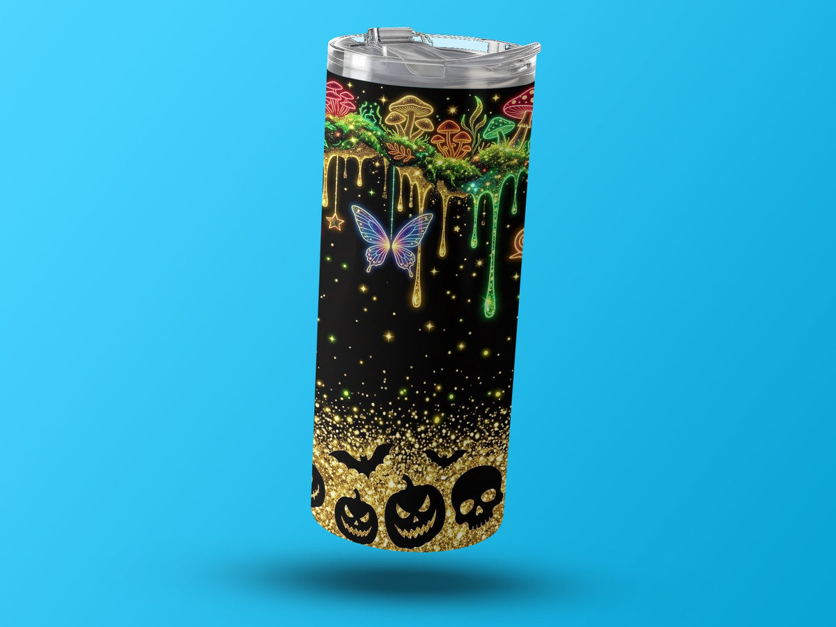 Tumbler with neon mushrooms, butterfly, bats, pumpkins, and skulls on black with glitter.