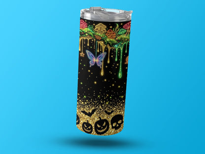 Tumbler with neon mushrooms, butterfly, bats, pumpkins, and skulls on black with glitter.