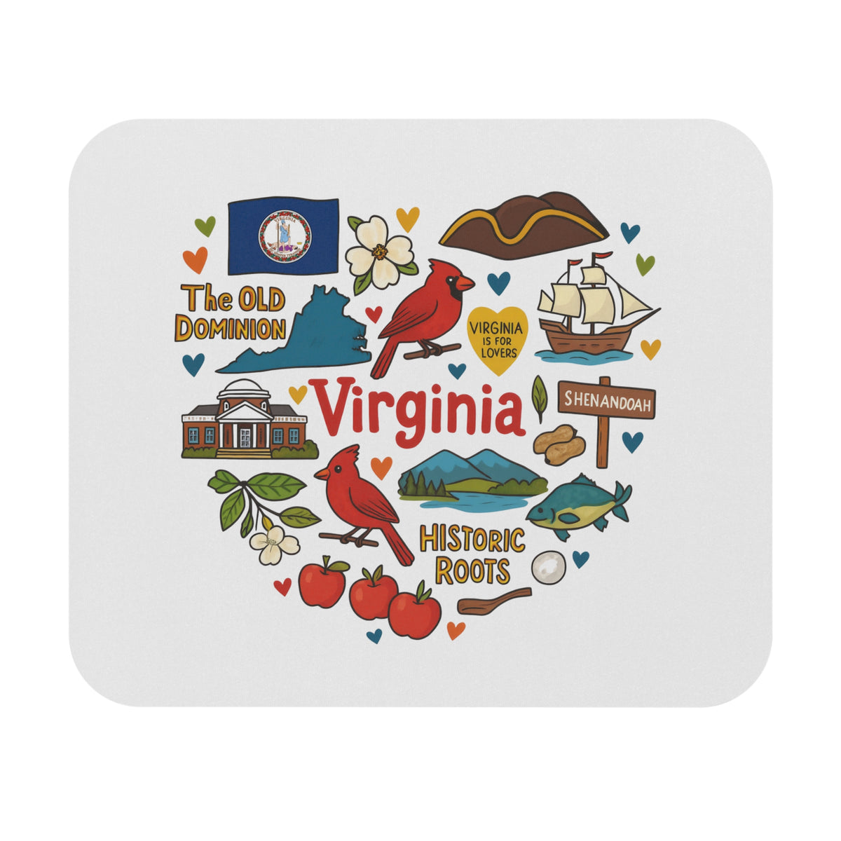 Virginia icons including state flag, cardinal, historic buildings, and text.