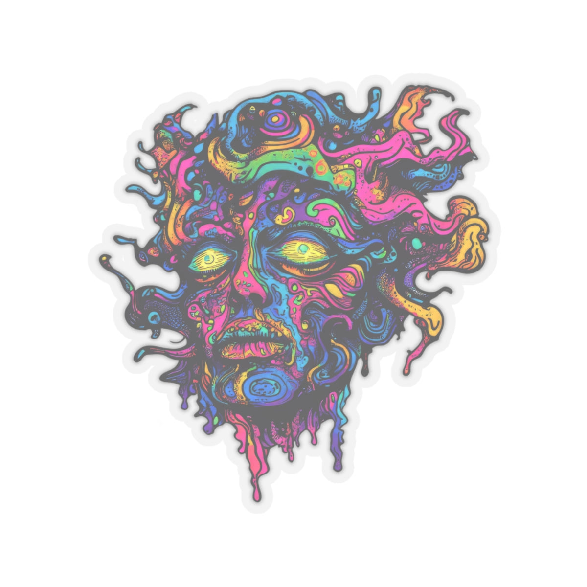 Abstract colorful face with melting features and yellow eyes.