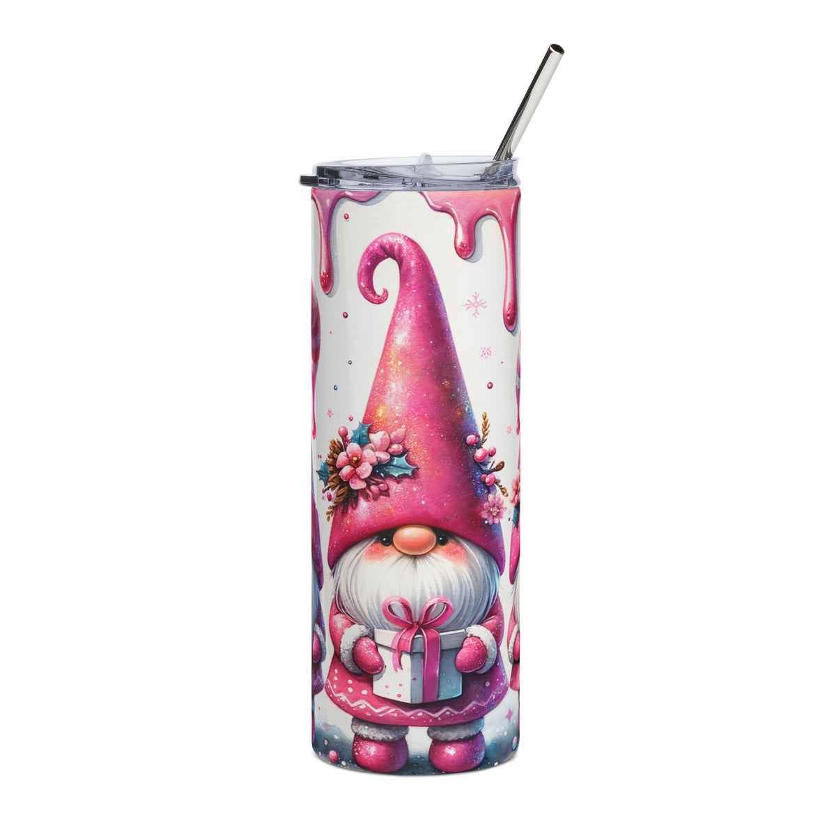 Tumbler with a pink gnome holding a gift, adorned with flowers and snowflakes.