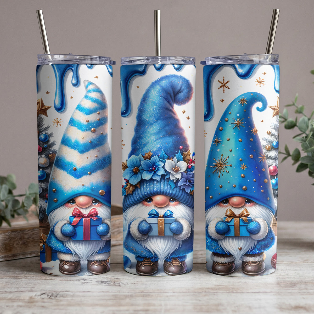 Three blue gnomes with gifts, wearing winter hats and clothes, in festive holiday design.