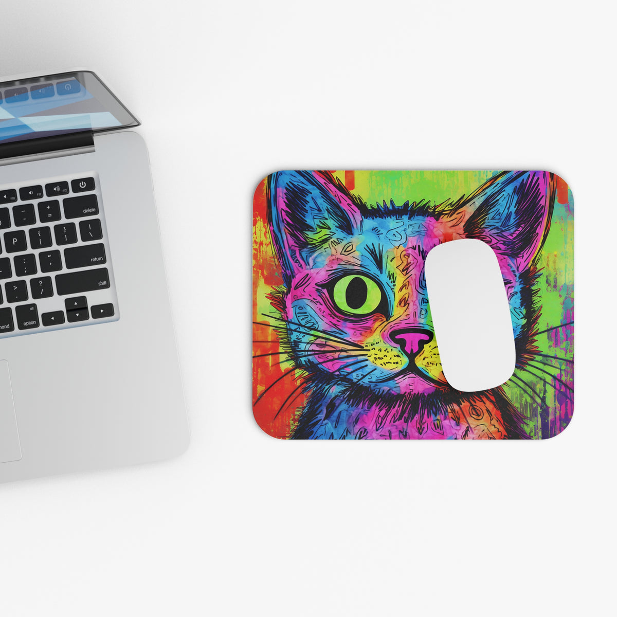 A colorful, abstract cat illustration on a rectangular mouse pad next to a laptop.