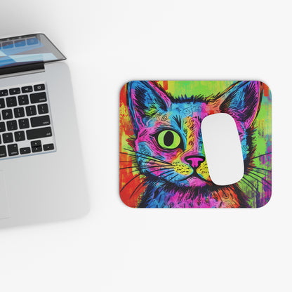 A colorful, abstract cat illustration on a rectangular mouse pad next to a laptop.