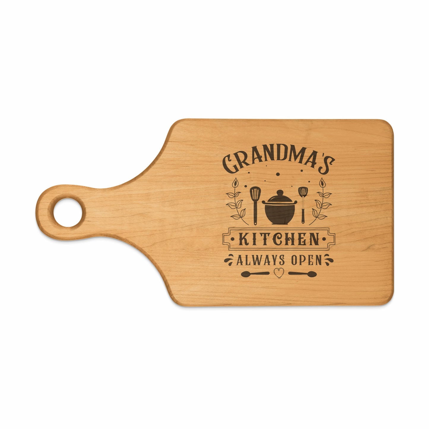 Wooden cutting board engraved with "Grandma's Kitchen Always Open".