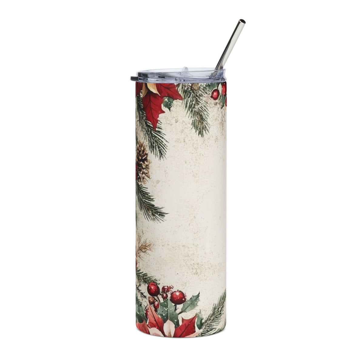 White tumbler with a winter floral design and a silver straw.