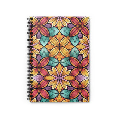 Spiral bound notebook with colorful floral geometric pattern.