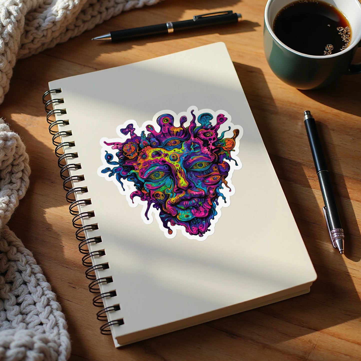 Psychedelic abstract face sticker on a spiral-bound notebook with coffee and pens.