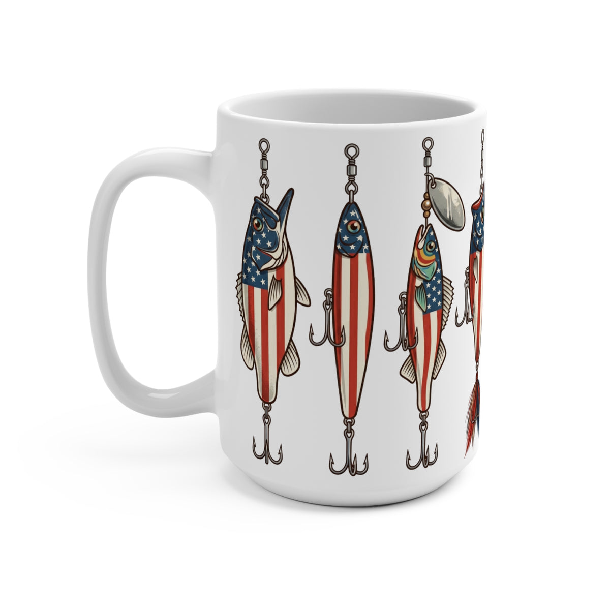 White mug with American flag fishing lures and hooks illustration.