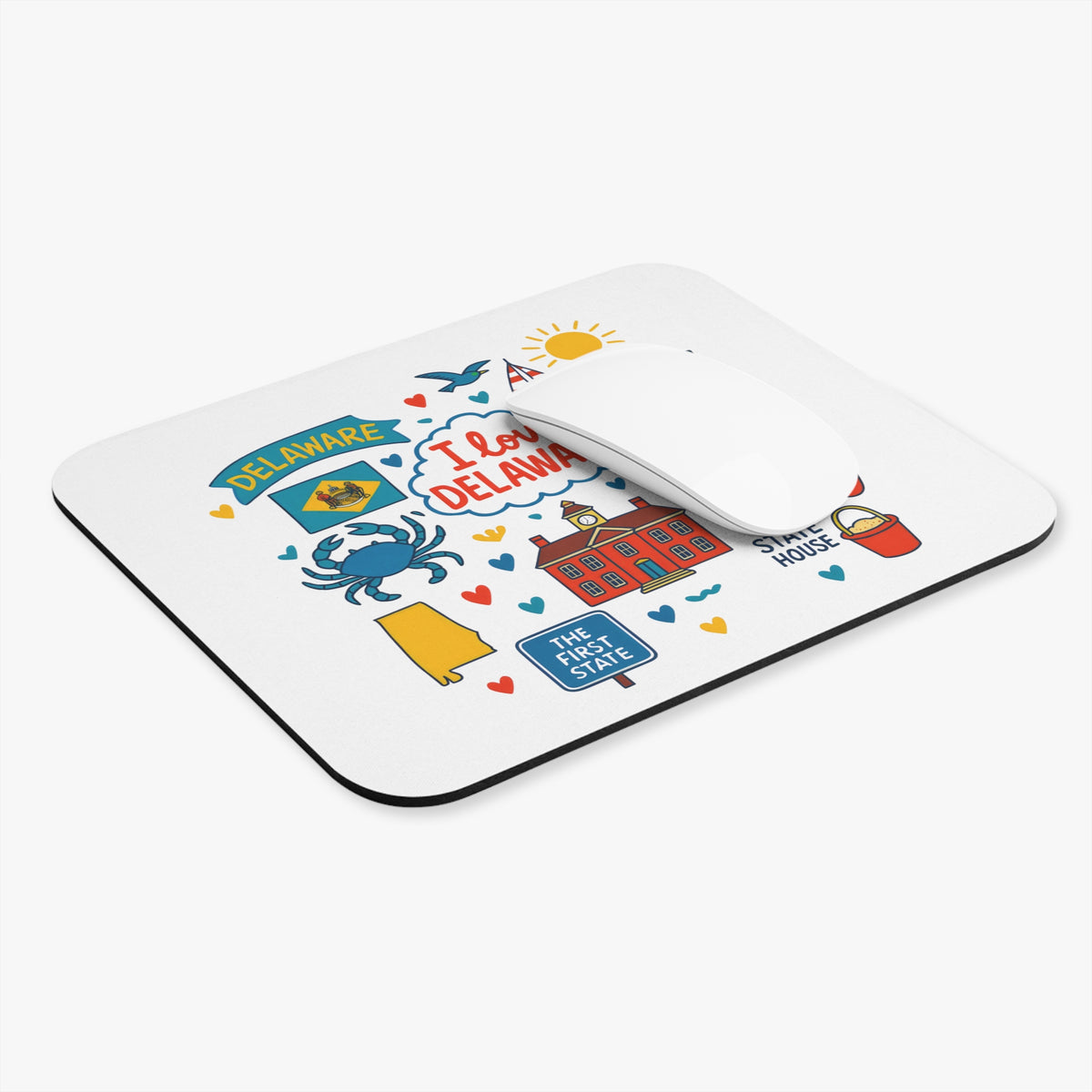 Delaware themed mousepad with state symbols and "I love Delaware".