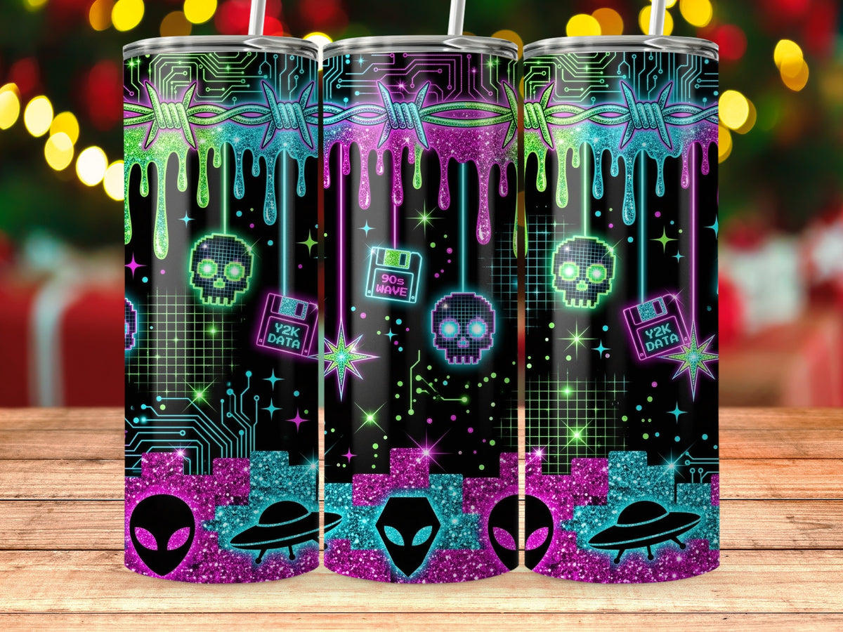 Neon Y2K themed tumblers with skulls, aliens, UFOs, and floppy disks.