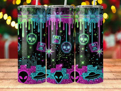Neon Y2K themed tumblers with skulls, aliens, UFOs, and floppy disks.