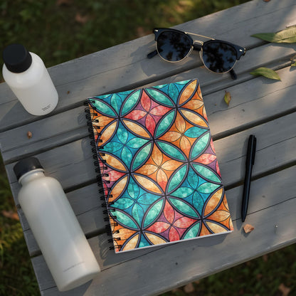 Spiral notebook with colorful geometric stained glass pattern, alongside water bottles and sunglasses.