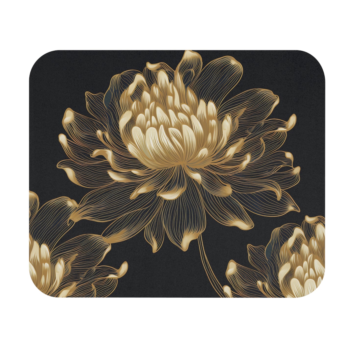 Abstract gold line art of chrysanthemum flowers on a textured dark background.