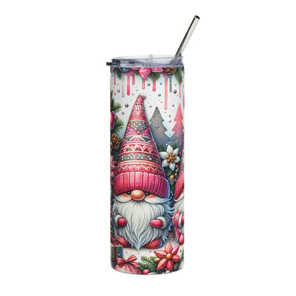 Tall tumbler with a Christmas gnome, pine trees, and poinsettia design.
