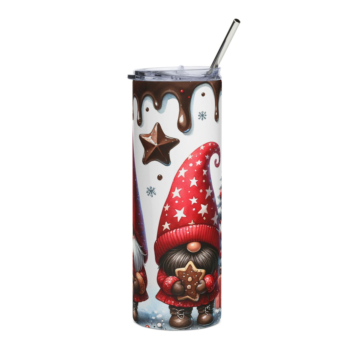 Tumbler with Christmas gnomes, stars, chocolate drips, and a metal straw.
