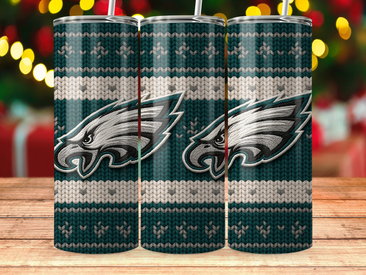 Philadelphia Eagles logo on a teal and white knit pattern tumbler with straw
