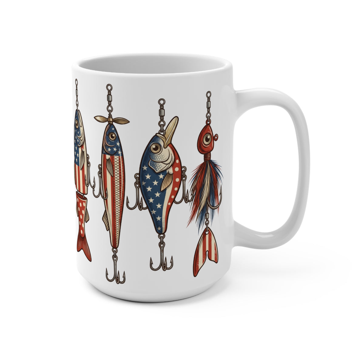 White mug featuring an illustration of five fishing lures with patriotic American flag designs.