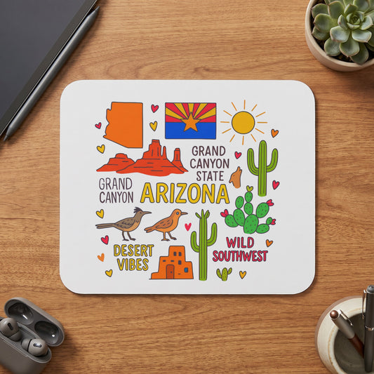 Mousepad with Arizona graphic featuring state outline, flag, sun, cacti, roadrunner, and text.